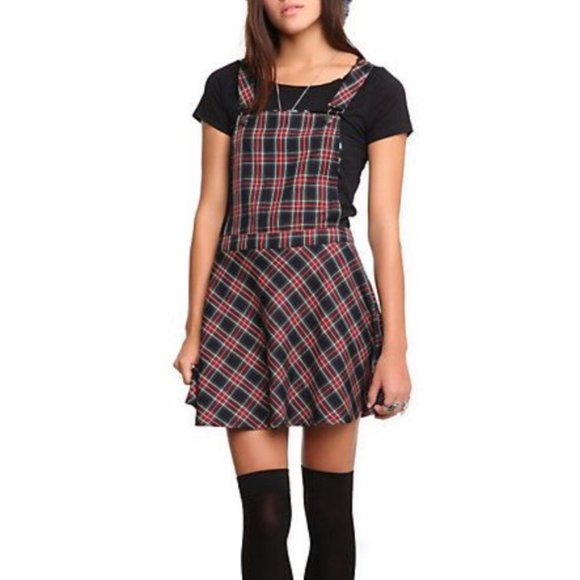 red & black plaid overall dress